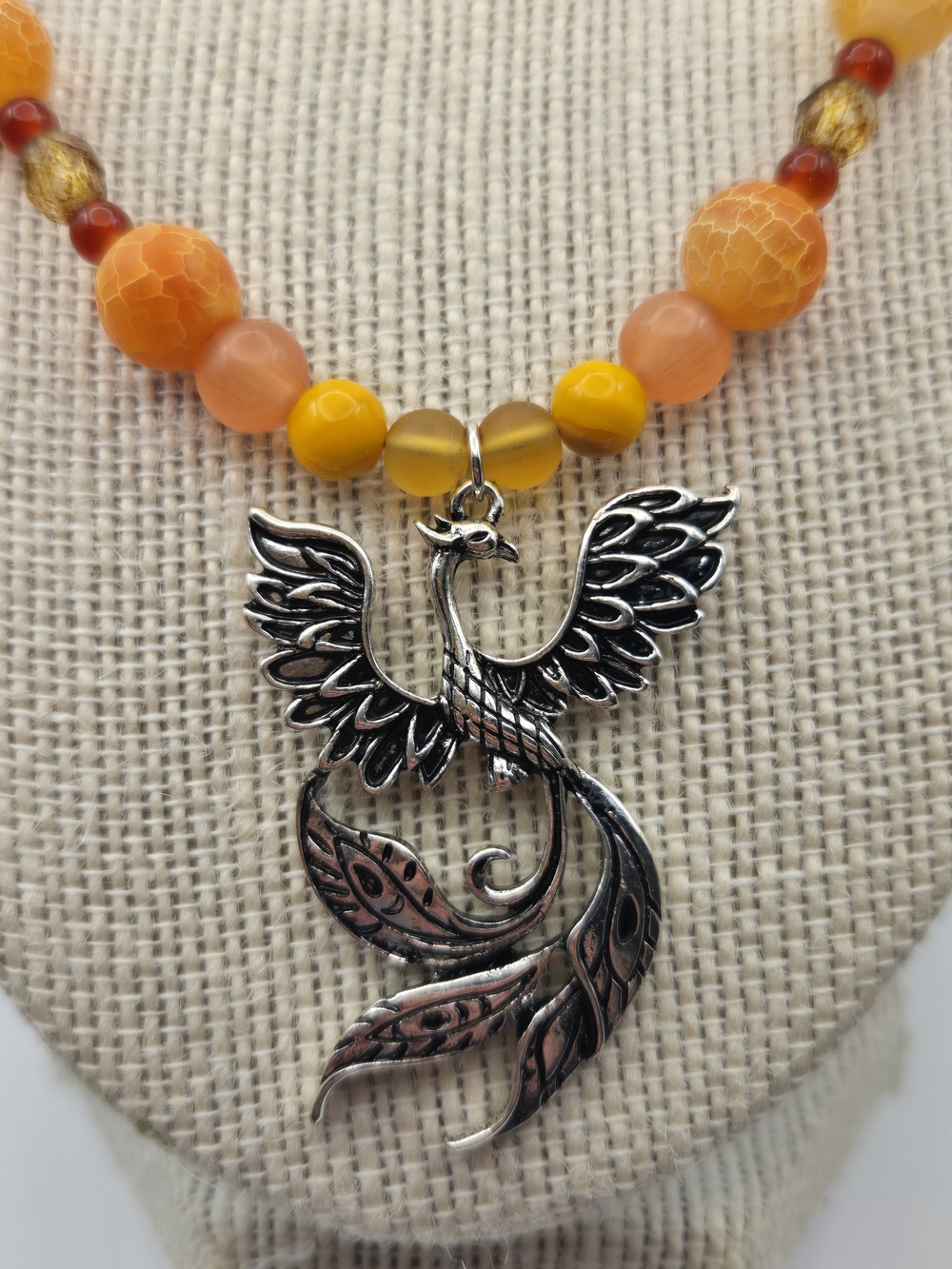 Handmade Orange & Red Beaded Necklace with Phoenix Pendant - Picture 2 of 4